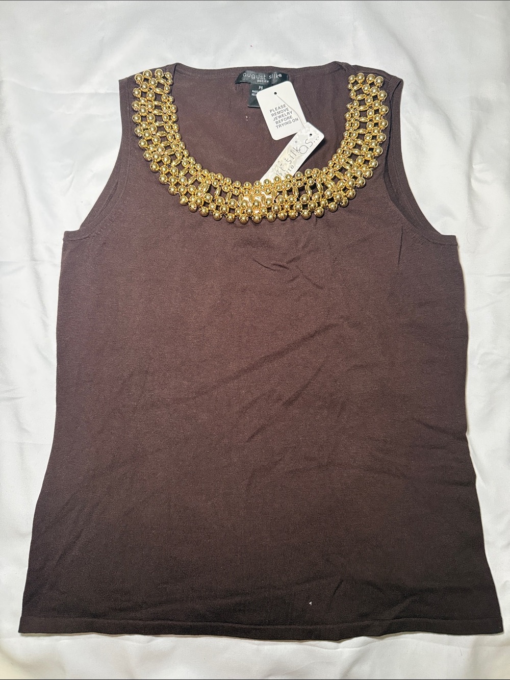 august silk Brown Sleeveless Tank with Gold Beaded Collar